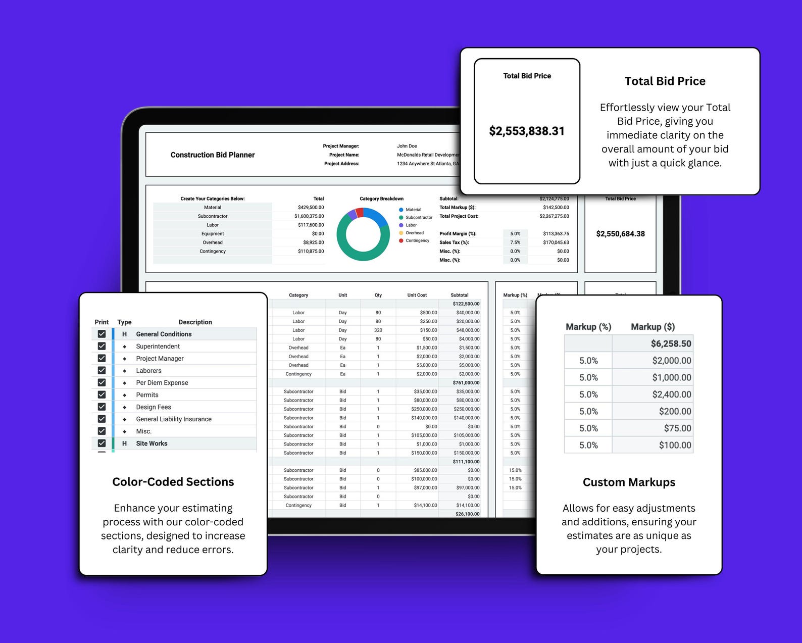 Easy Customization & Markups - Construction Bid Planner