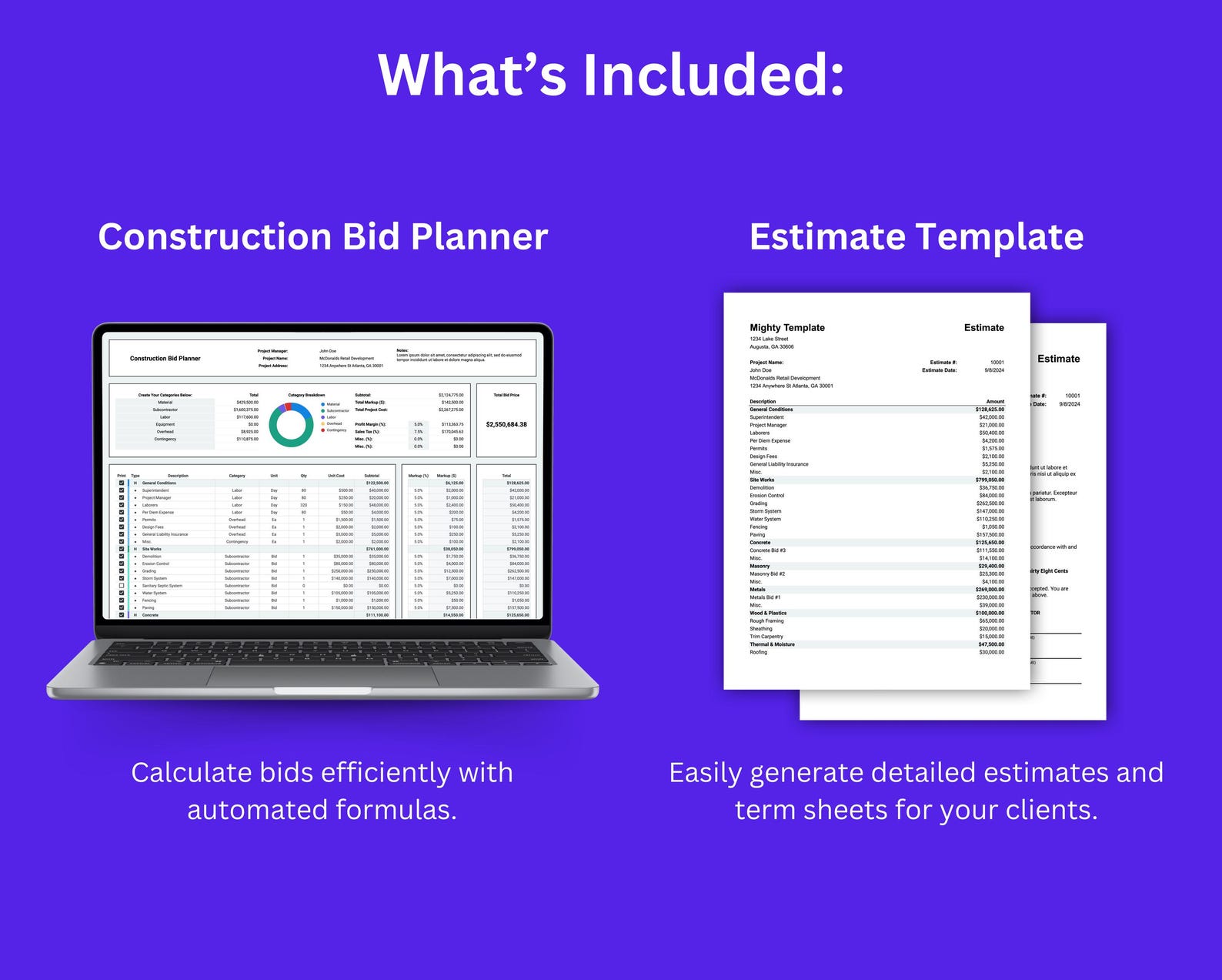 Construction Bid Planner & Estimate Template - Construction Bid Planner